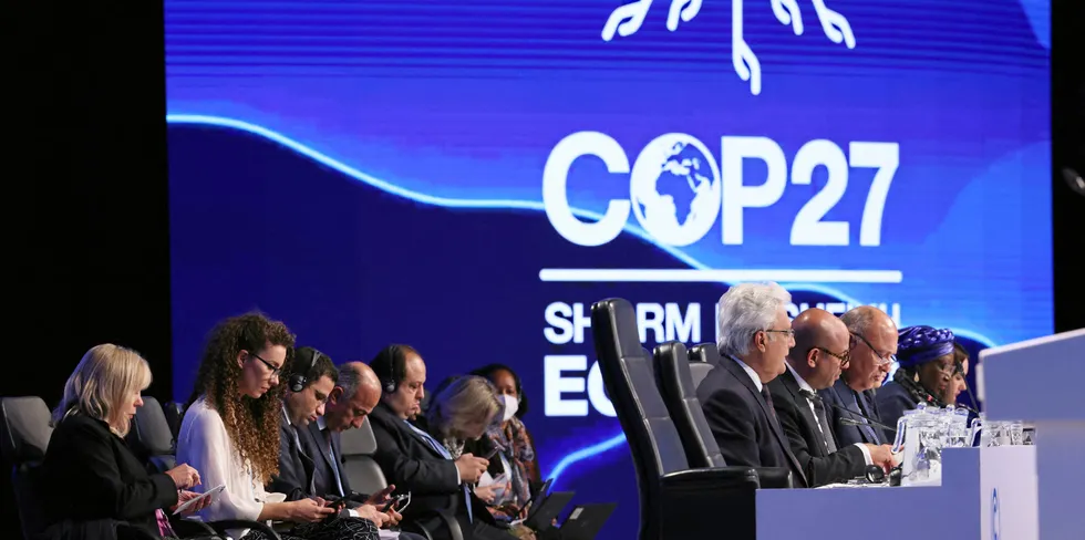 Egypt's Foreign Minister Sameh Shukri, heads the closing session of the COP27 climate conference, at the Sharm el-Sheikh International Convention Centre.