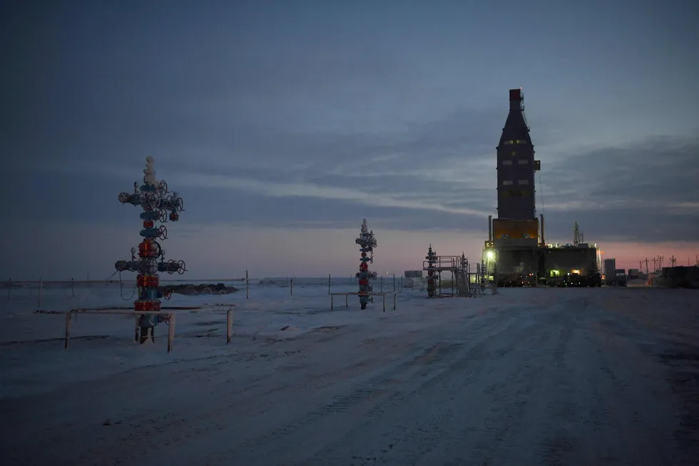 Confident steps: Completed wellheads and a drilling rig on the Salmanovskoye gas field which provides feedstock gas for Novatek-led Arctic LNG 2 project