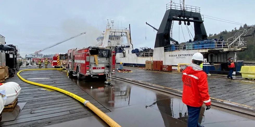 Trident Seafoods' Kodiak Enterprise on fire in the Hylebos Waterway in Tacoma, Washington.