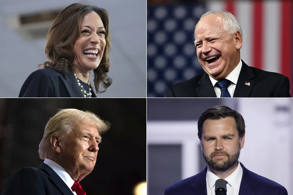 Over: Kamala Harris og hennes visepresidentkandidat Tim Walz. Under: Donald Trump og hans visepresidentkandidat JD Vance.