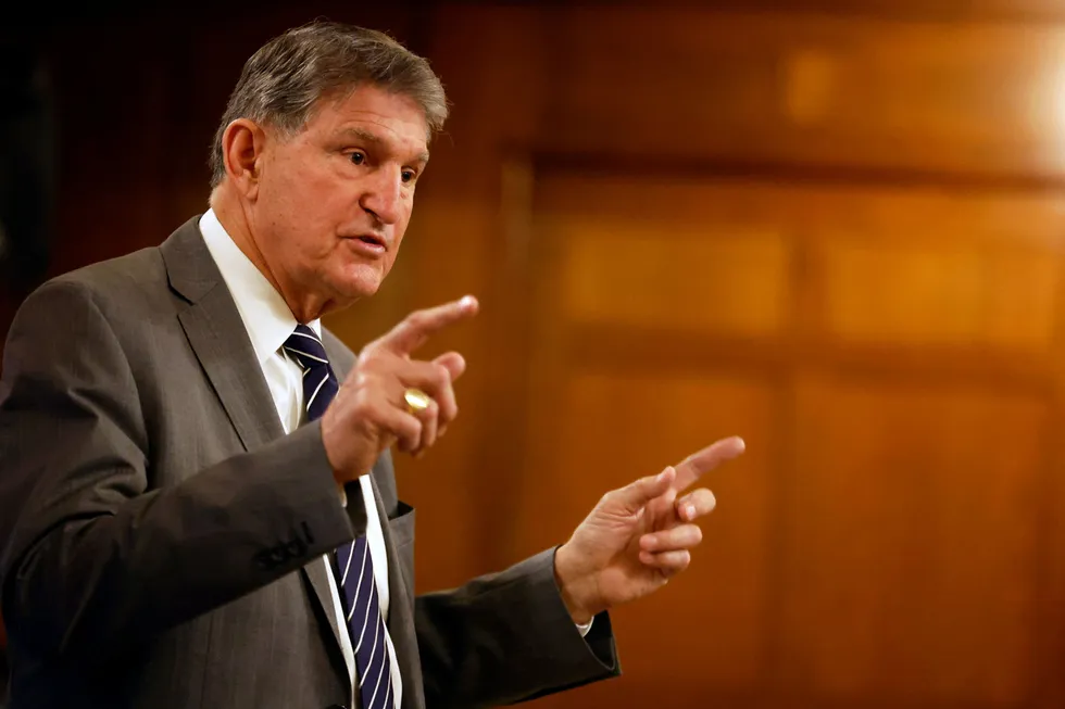 US Sen. Joe Manchin, a West Virginia independent, speaks to the Detroit Economic Club at their meeting held at The Masonic in Detroit, Michigan, on 26 February 2024.