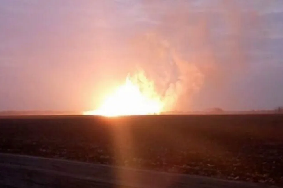 Blast: burning gas at a ruptured segment of the Urengoy–Pomary–Uzhgorod trunkline in the Poltava region of Ukraine