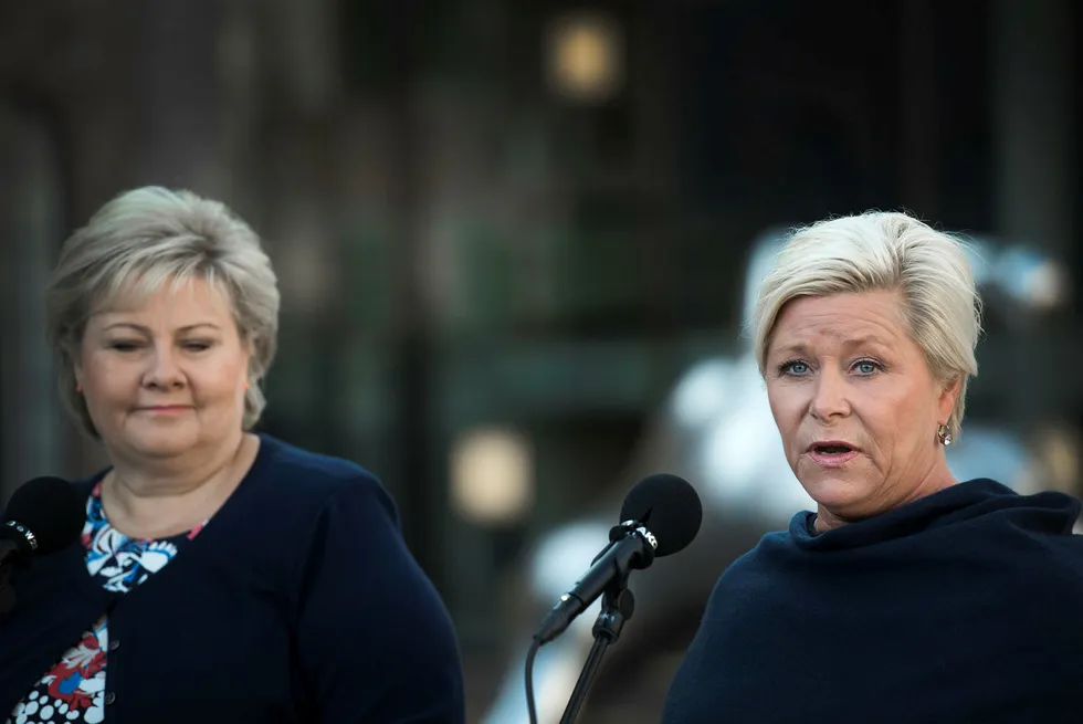 Statsminister Erna Solberg (H) og finansminister Siv Jensen (Frp). Foto: Per Ståle Bugjerde