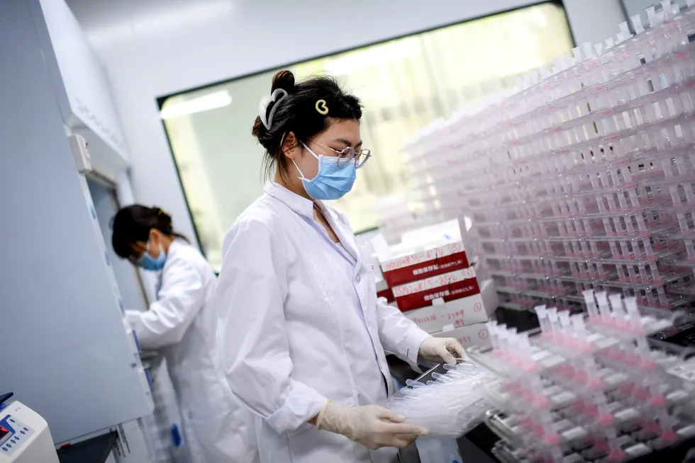 En laborant bruker kunstig intelligens i forbindelse med kreftscreening på et laboratorium i Wuhan, Kina.