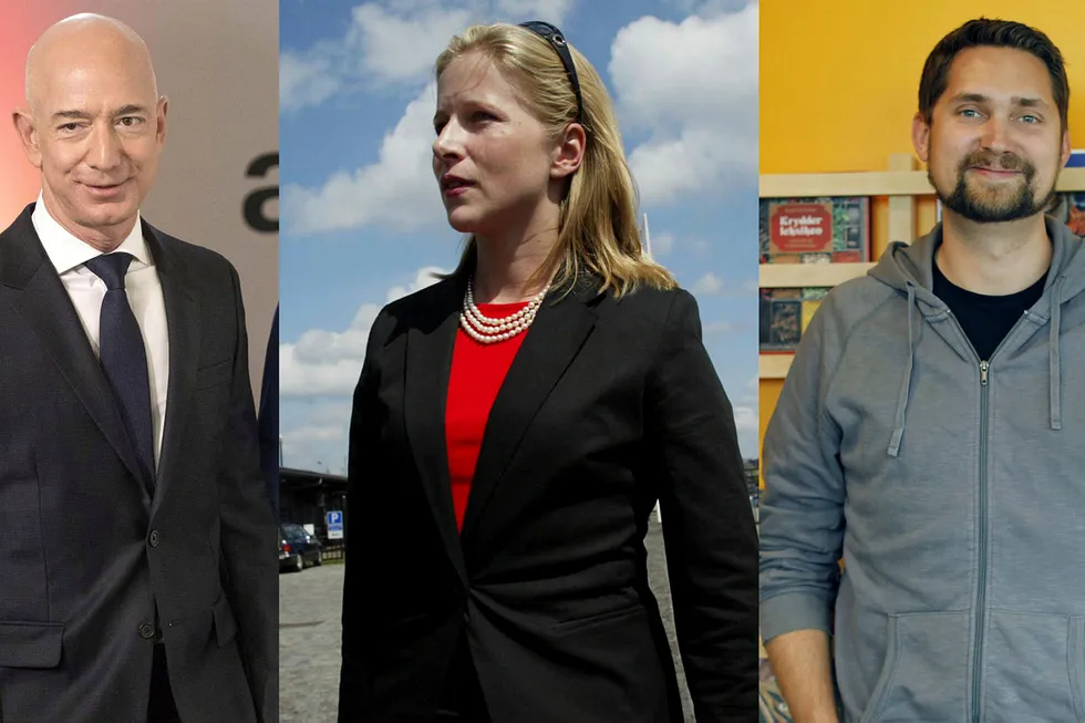 Fra venstre: Amazon-boss Jeff Bezos, Kinnevik-eier Cristina Stenbeck og Kolonial.no-sjefen Karl Alveng Munthe-Kaas.