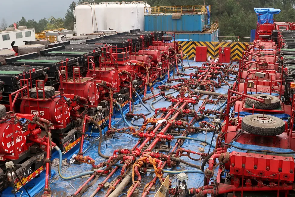 Production: fracking trucks at work on a Sinopec shale gas well