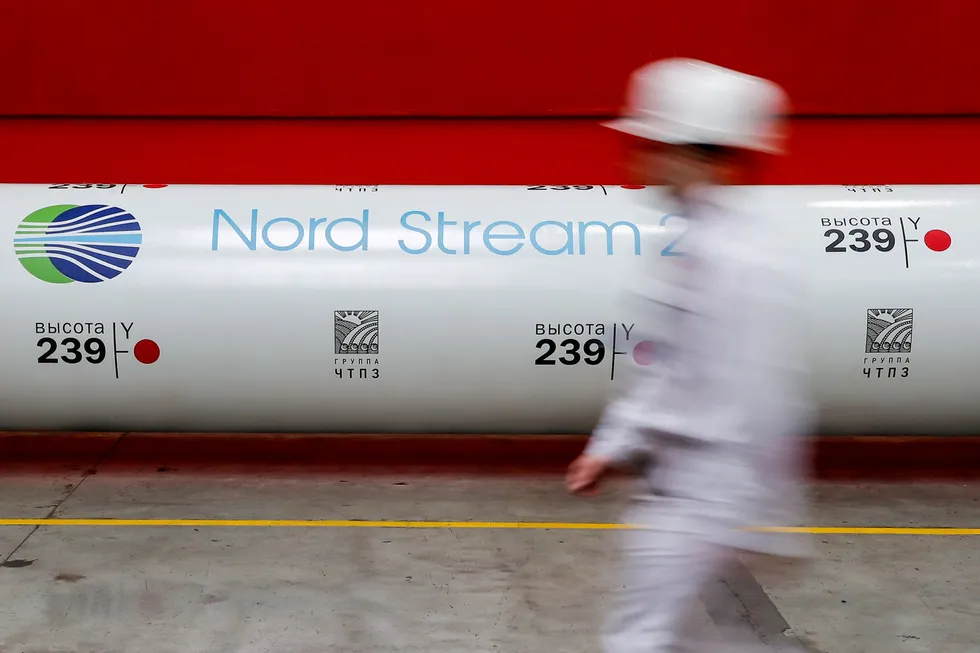Changing dynamics: the logo of the Nord Stream 2 gas pipeline project at the Chelyabinsk pipe rolling plant in Chelyabinsk, Russia