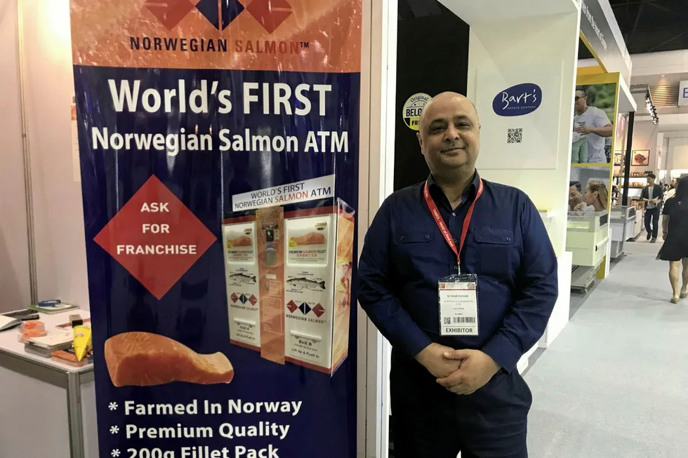 Manish Kumar, founder of Norwegian Salmon, the company behind Singapore's salmon ATMs, at this year's Thaifex show in Bangkok.