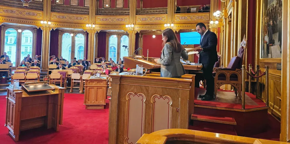 Fiskeriminister Marianne Sivertsen Næss i Stortinget mandag da kvotemeldingen ble debattert.