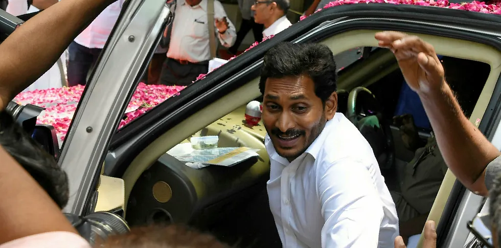 YSR Congress Party chief Jaganmohan Reddy arrives at the Andhra Bhawan, in New Delhi on May 26, 2019. - Reddy, who has registered a landslide win in the Andhra Pradesh assembly elections, became First Minister.