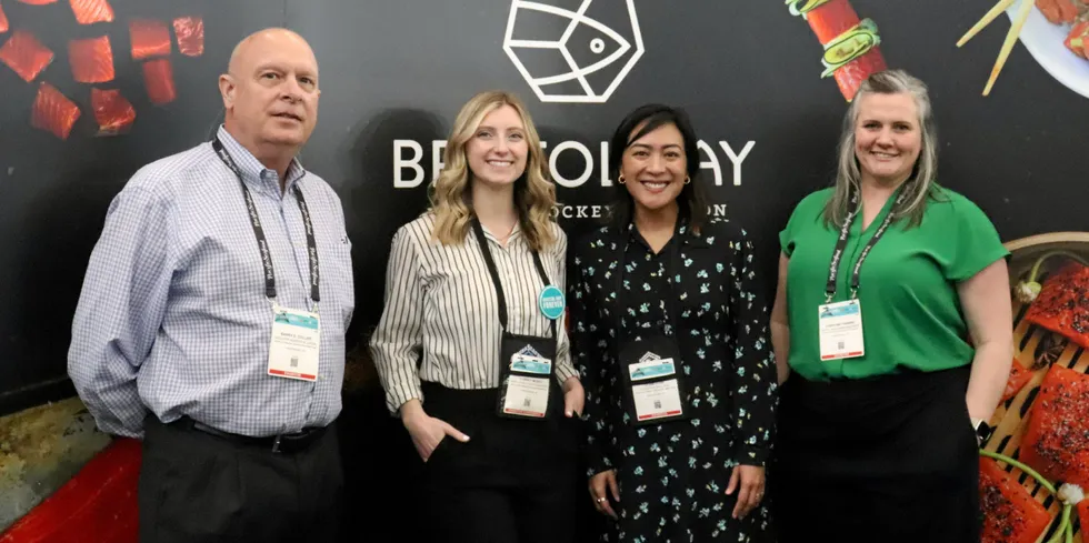 From left to right: Barry Collier, BBRSDA advisor; Aubrey McNeil, BBRSDA marketing and creative manager; Lilani Dunn, BBRSDA executive director; and Christine Fanning, BBRSDA retail and communications consultant at Boston Seafood Expo 2024.