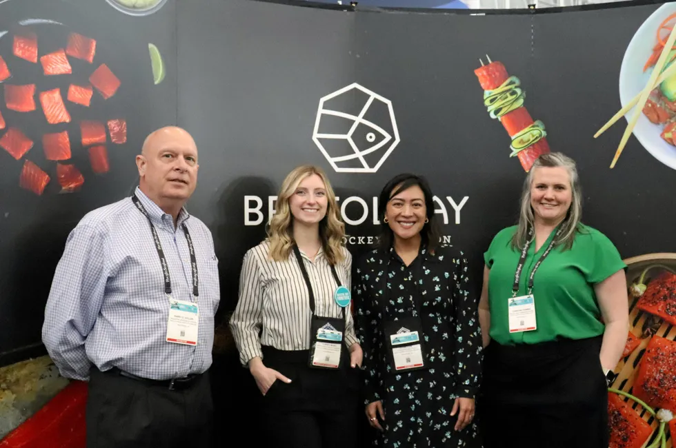 From left to right: Barry Collier, BBRSDA advisor; Aubrey McNeil, BBRSDA marketing and creative manager; Lilani Dunn, BBRSDA executive director; and Christine Fanning, BBRSDA retail and communications consultant at Boston Seafood Expo 2024.
