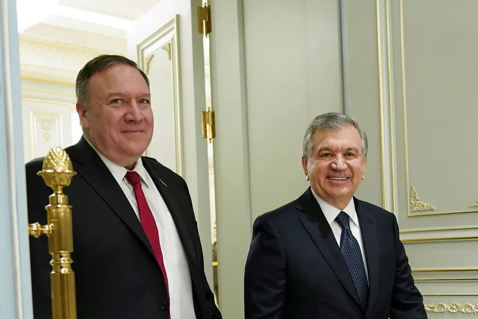 Investment: US Secretary of State Mike Pompeo (left) with Uzbekistan President Shavkat Mirziyoyev before their meeting in Tashkent, Uzbekistan, earlier in February