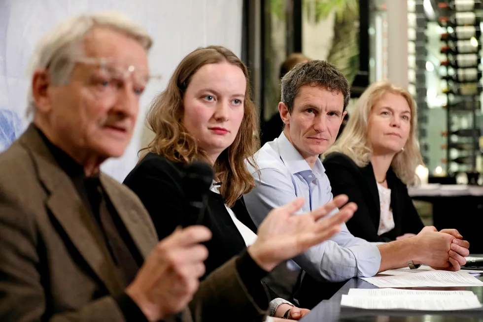 On the case: Truls Gulowsen of Greenpeace, Ingrid Skjoldvaer of Nature & Youth, Ketil Lund of Grandparents Climate Campaign and lawyer Cathrine Hambro at a press conference in Oslo after the court ruling