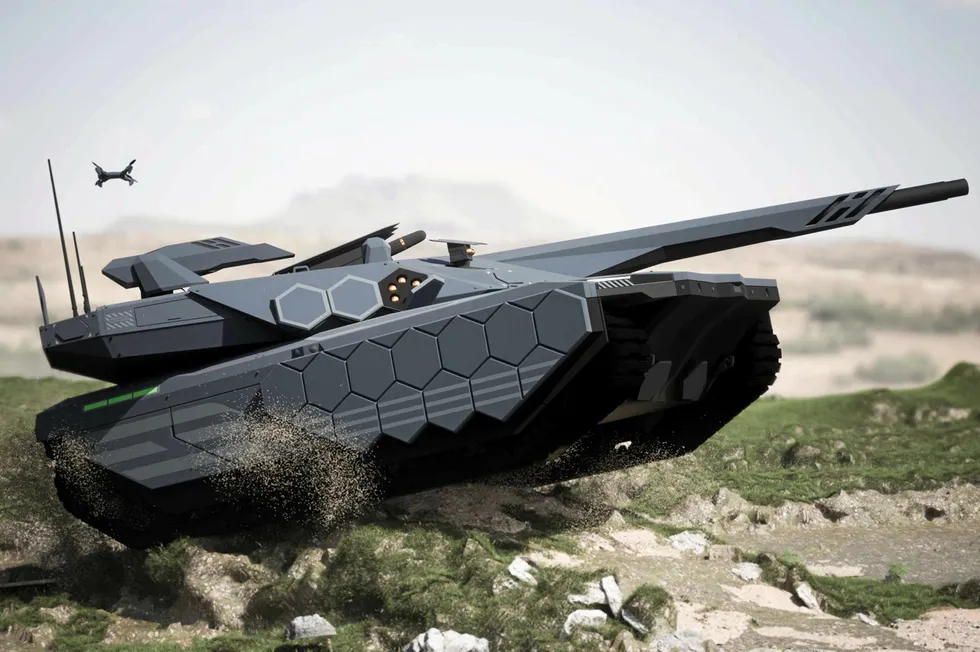 A futuristic tank and drone, designed by Hyundai Rotem.