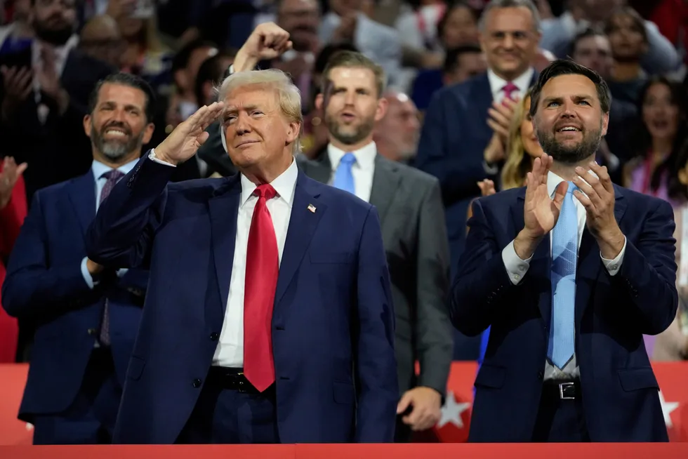 Republican presidential candidate former President Donald Trump appears with vice presidential candidate JD Vance, R-Ohio, during the Republican National Convention Monday, July 15, 2024, in Milwaukee. (AP Photo/Paul Sancya)