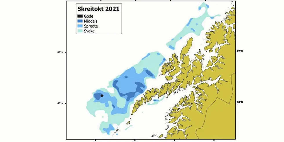 Skreikartet for 2021 viser at havforskerne fant de største konsentrasjonene av skrei på yttersida av Lofoten.