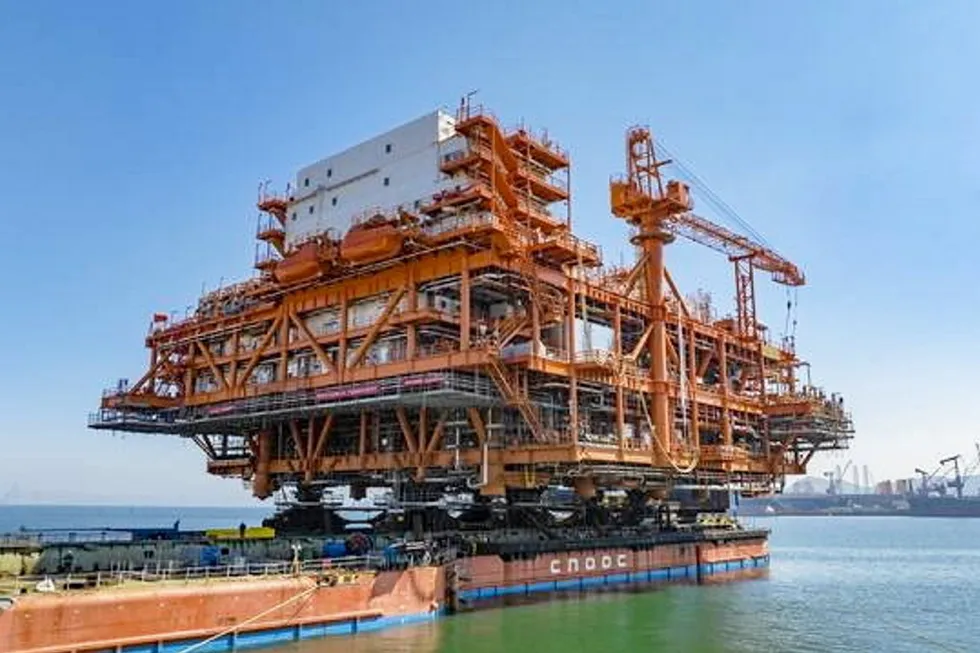 Full stream ahead: a production platform being shipped to the Bohai Bay Kenli 6-1 field earlier this month.