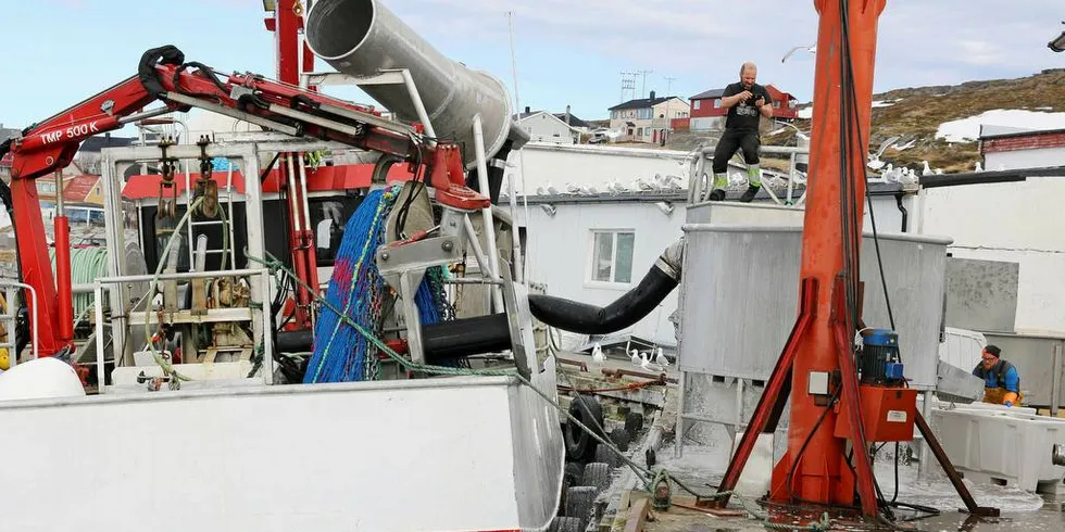 LEVERING: «Værøybuen» leverer fangst i Mehamn. Skipper Kent Bensvik står oppe på pumpa og fotograferer fangsten, mens Chris Johansen ordner med karene.Foto: Arne Fenstad