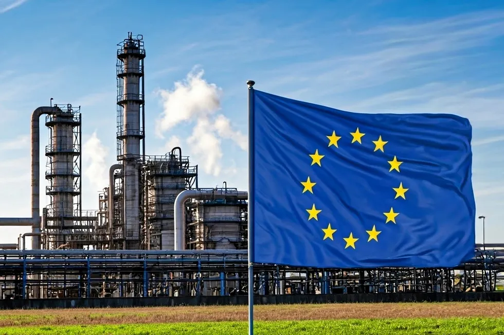 AI-generated image showing the EU flag in front of an industrial plant.