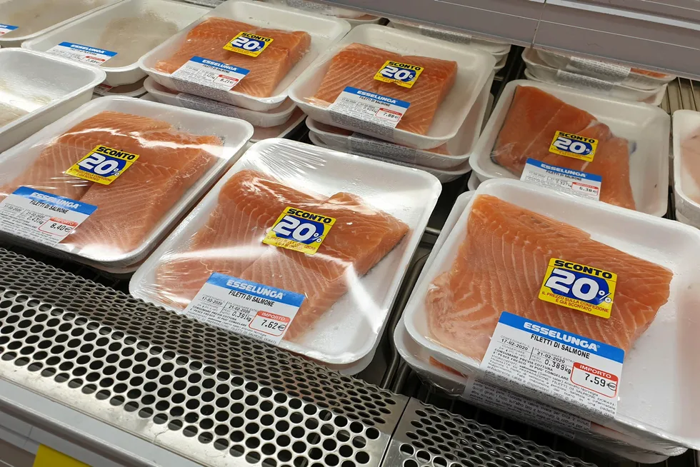 Norwegian salmon sold in Milan, Italy.
