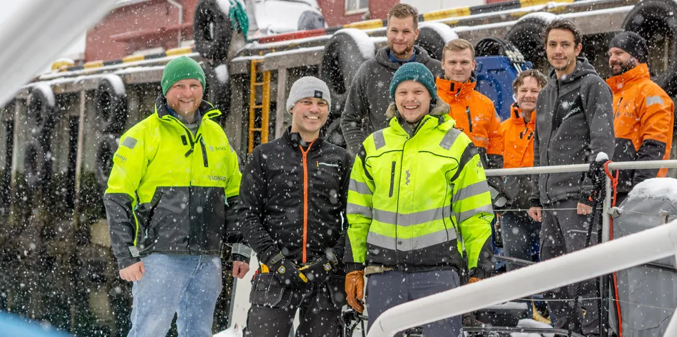 Fra venstre foran: Thomas Myhre, Tore Landsem og Mikkel Pedersen. Fra venstre bak: Manuel Reichwald, Karolius Nordlund, Frode Munkli, Rune Hansen og Øistein Birkelund.