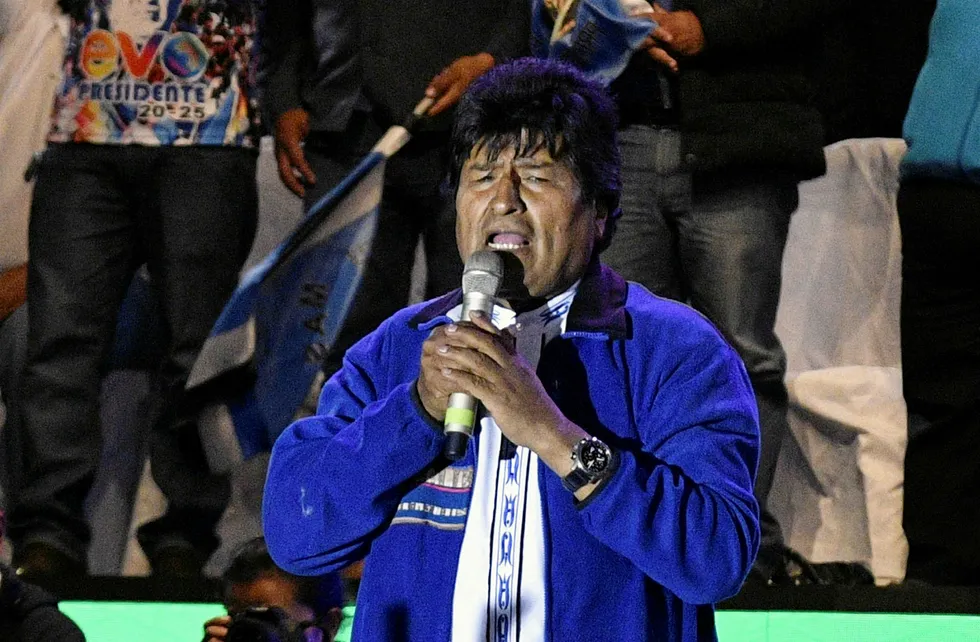 Battle: Bolivia's President Evo Morales delivers a speech during a campaign closing rally in Santa Cruz de la Sierra ahead of the general election