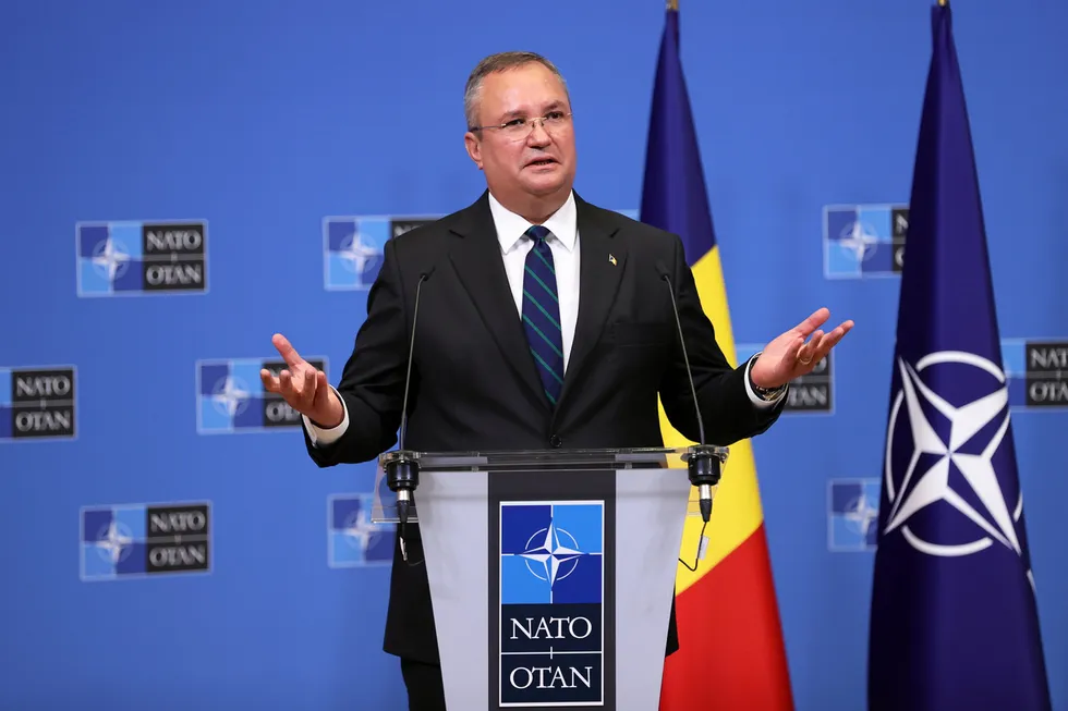 Romanian Prime Minister Nicolae-Ionel Ciucă, speaking at Nato headquarters last year.