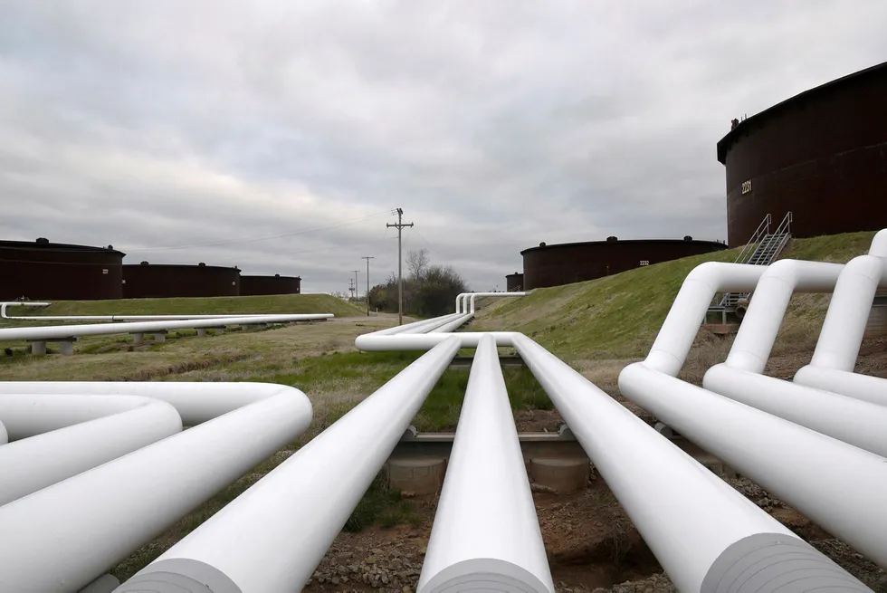 Pipelines: run to Enbridge's crude oil storage tanks at their tank farm in Cushing, Oklahoma.