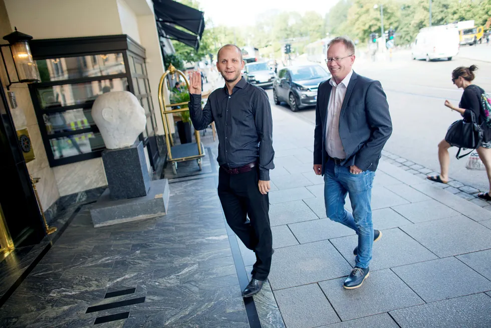 F.v. Robin Reed og Frode Fagerli to startet Gaming Innovation for under ti år siden. Etter at det ble notert på Oslo Børs har selskapsverdien steget til 4,7 milliarder kroner. Foto: Øyvind Elvsborg