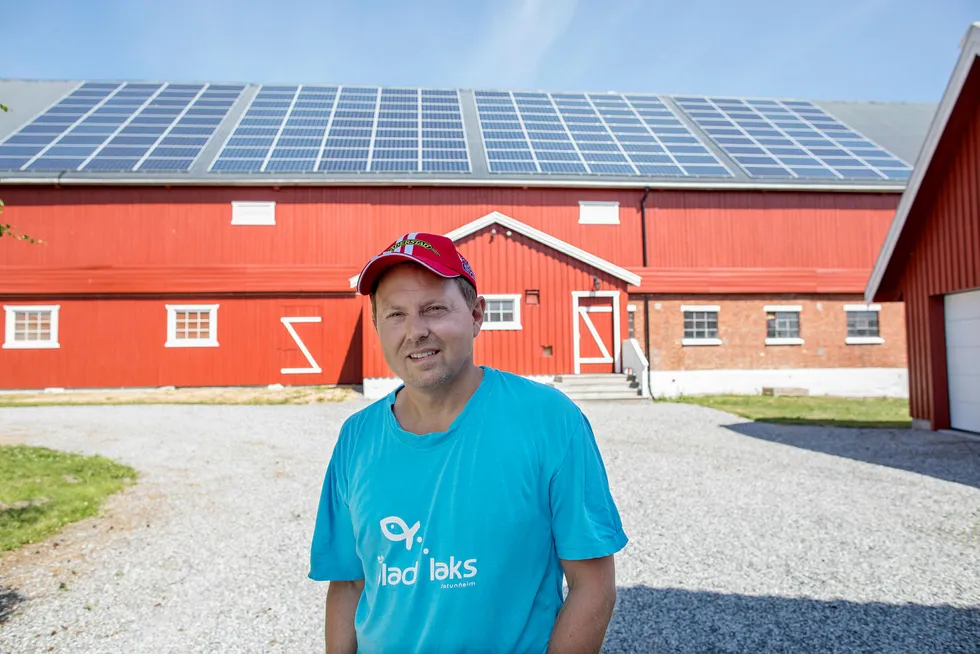 Ole Albert Bøhn har lagt solpaneler på låven bestefaren bygget, men synes han får altfor lite for strømmen han produserer. Foto: Øyvind Elvsborg