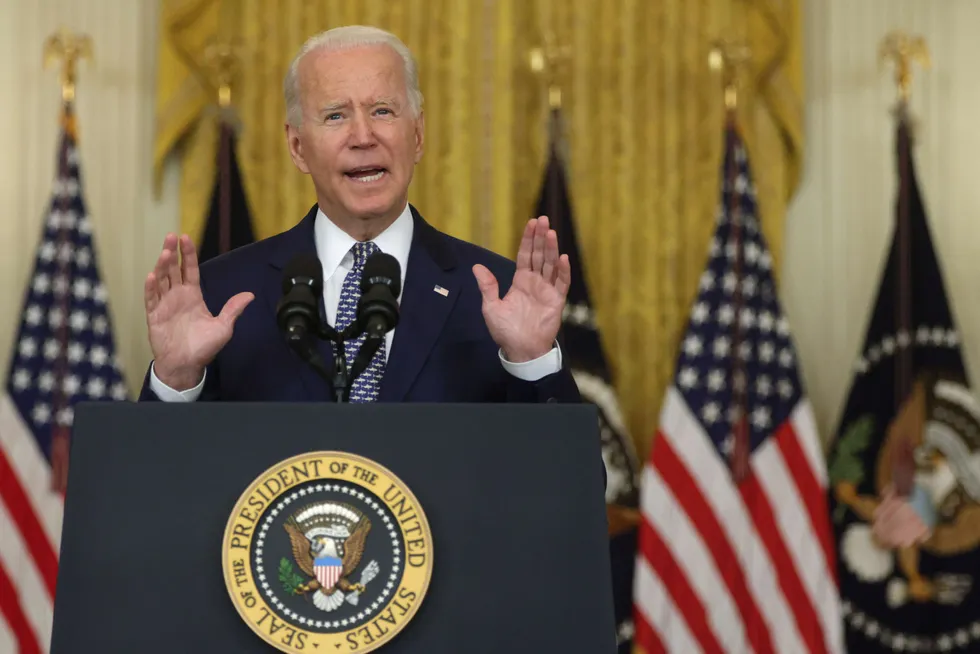 Bill passed: US President Joe Biden speaks during an event on Senate passage of the Infrastructure Investment & Jobs Act