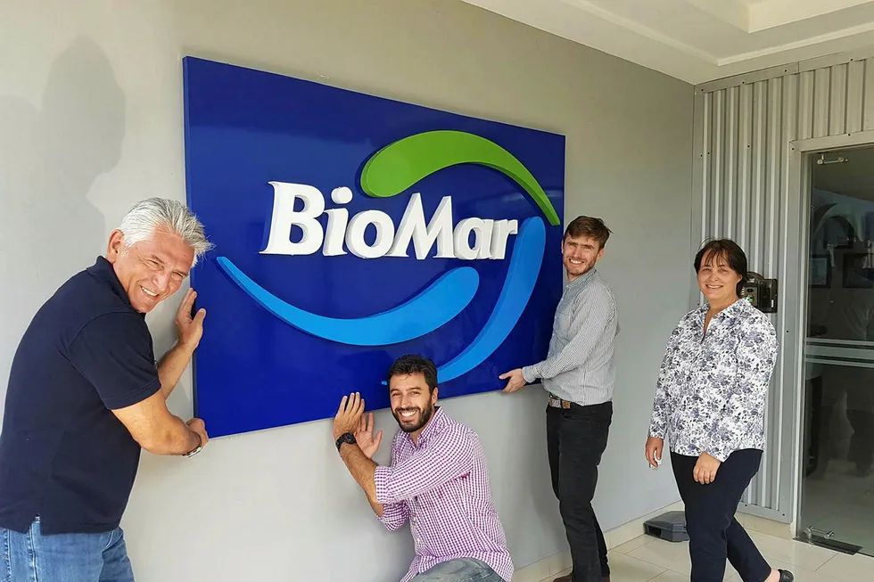 The BioMar team in Ecuador: from left to right: Danny Velez, general manager of Alimentsa; Andres Rivadulla, finance director; John Tinsley, technical director of BioMar Central America; and Laurence Maussaut, R&D manager.