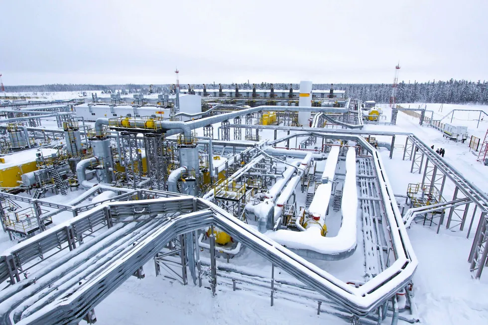 Road open: hydrocarbon processing infrastructure at the Kharampurskoye oil and gas field that is operated by oil producer Rosneft in Russia