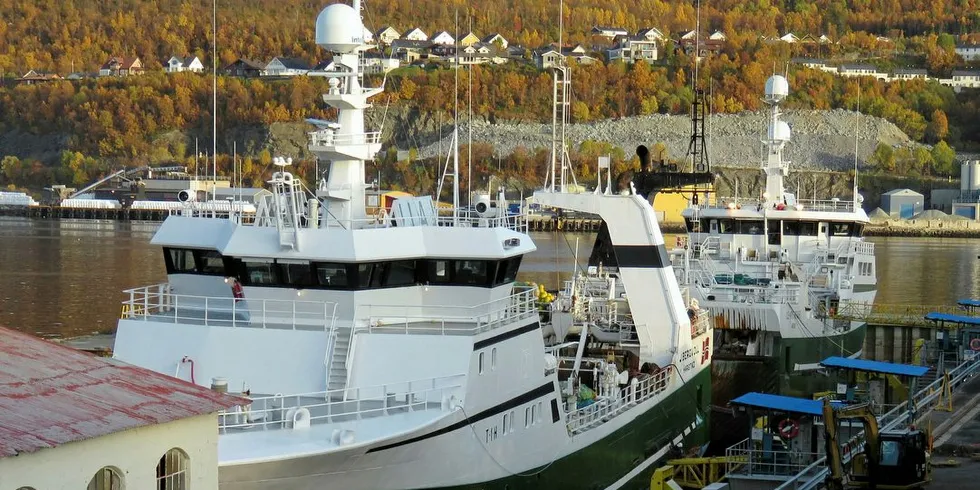 I DOKK: Hekktrålere hekk mot hekk i Hamek-dokken i Harstad.Foto: Jon Eirik Olsen