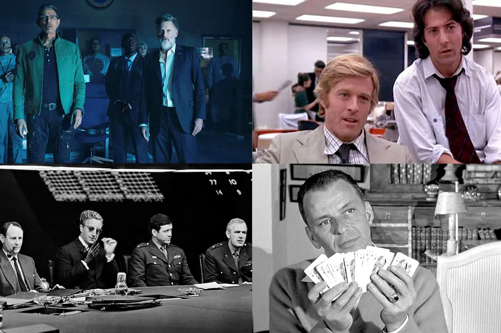 Øverst fra venstre: «Independence day» (1996), «All the presidents men» (1976), «Dr. Strangelove» (1963) og « The Manchurian Candidate» (1962).