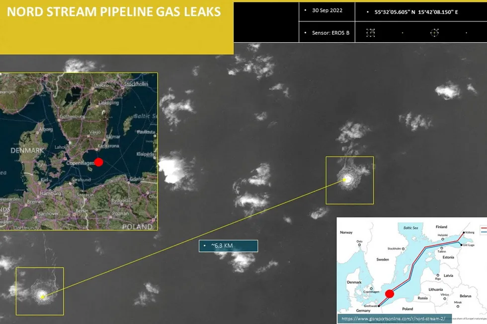 Satellite image: an intelligence report depicting the gas releases on the Nord Stream 1 gas pipeline in the Swedish economic zone in the Baltic Sea