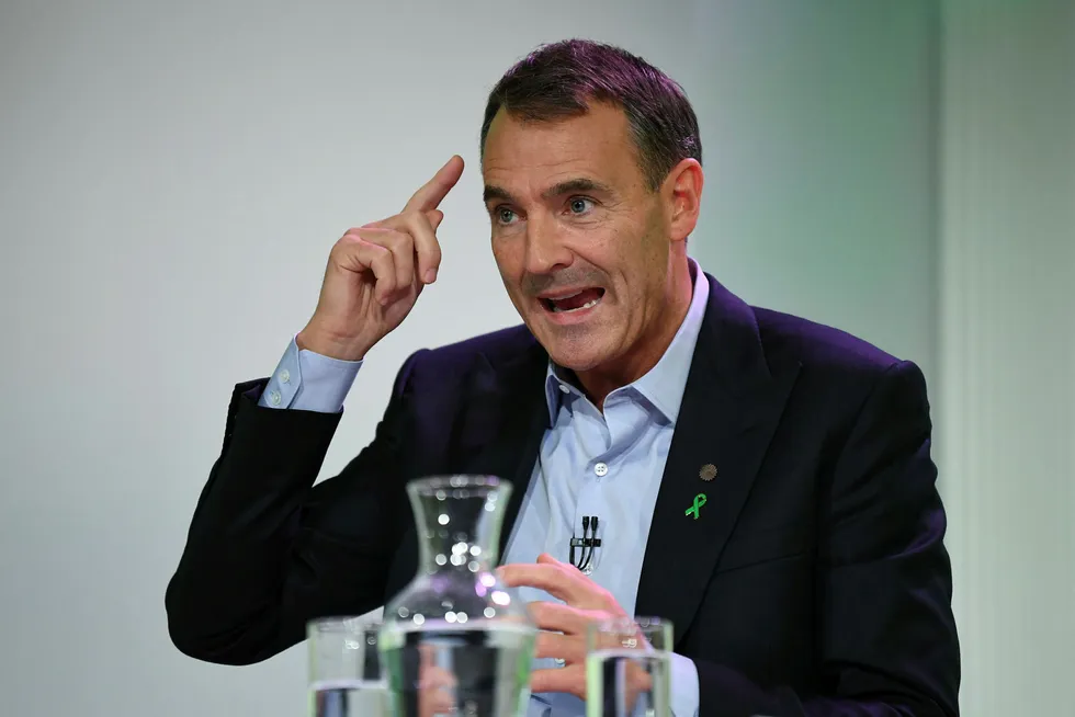 Re-think: BP chief executive Bernard Looney unveils his company's new low carbon strategy at an event in London, asking investors to 're-imagine' energy