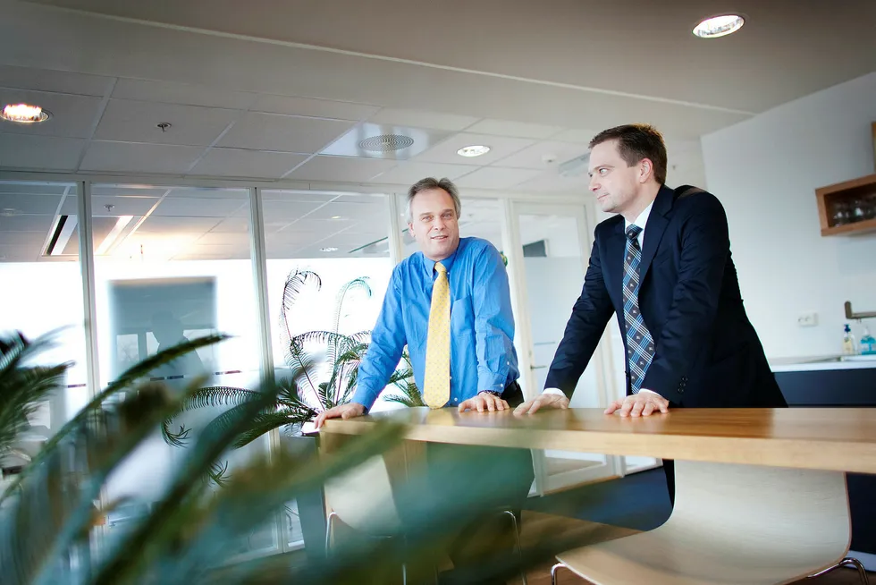 Problemene kom til overflaten for to år siden da Skagen varslet endringer på eiersiden, Harald Espedal (til høyre) sluttet som administrerende direktør og Kristian Falnes trakk seg som forvalter. Her på kontoret i 2011. Foto: Tomas Alf Larsen