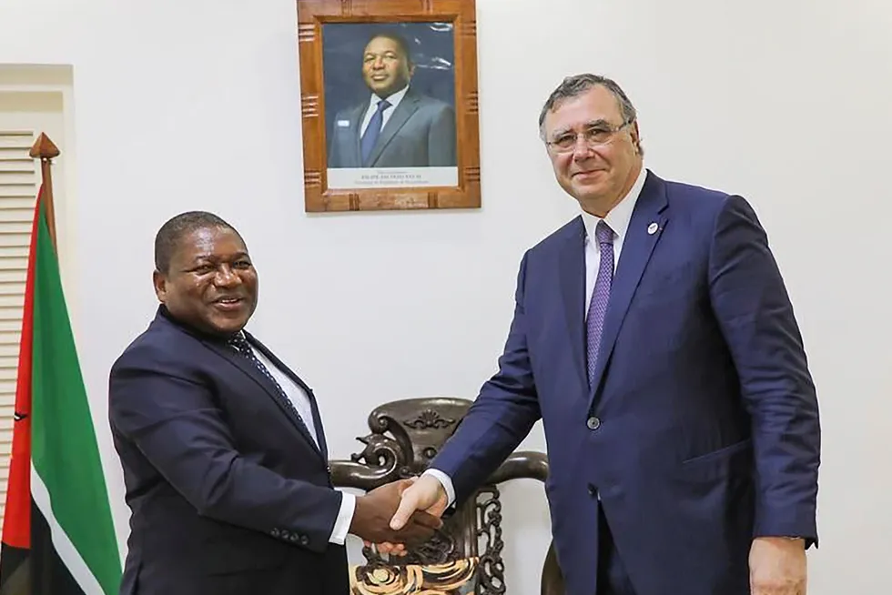 LNG project revival: Mozambique President Filipe Nyusi (left) shakes hands with TotalEnergies chief executive Patrick Pouyanne at a meeting in Maputo on 3 February 2023.