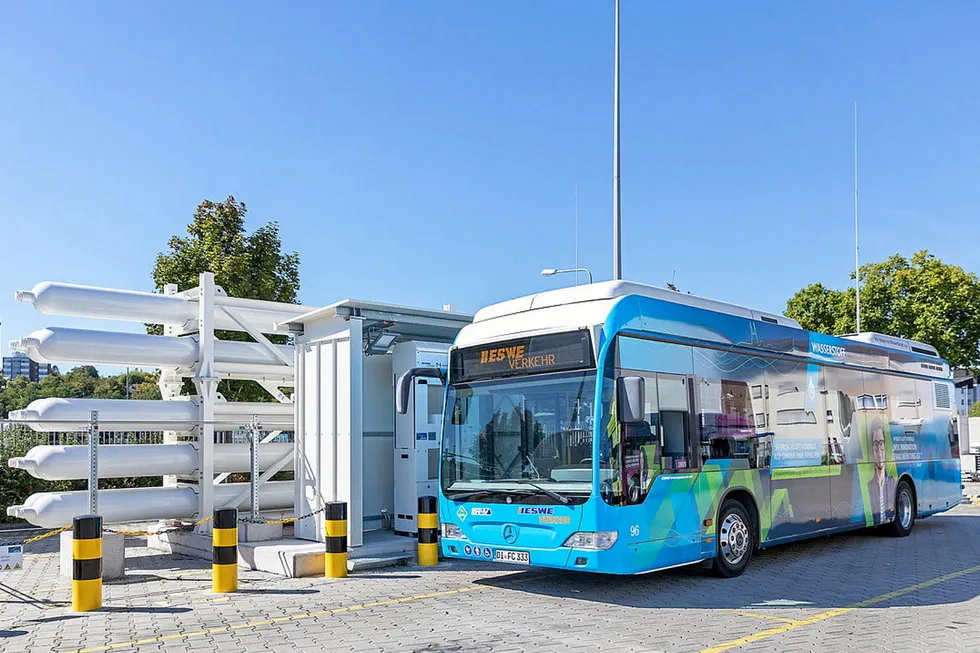 A fuel-cell bus at a purpose-built hydrogen filling station in Wiesbaden, Germany.