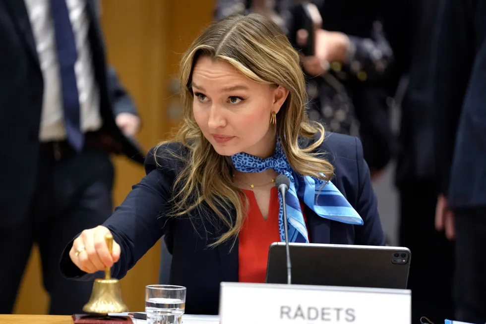 Agreed: Sweden's Energy Minister Ebba Busch rings a bell to signify the start of a meeting of EU energy ministers at the European Council building in Brussels on 28 March.