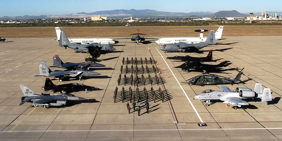 Airmen line up for a group photo at the Davis-Monthan Air Force Base in Arizona.