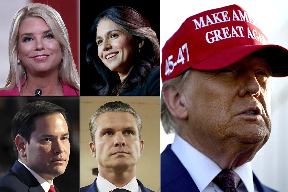 Donald Trump har nominert en bukett av tungvektere, politikere nykommere og trofaste støttespillere. Avbildet er Pam Bondi, Tulsi Gabbard, Marco Rubio, Pete Hegseth og den påtroppende presidenten selv: Donald Trump.