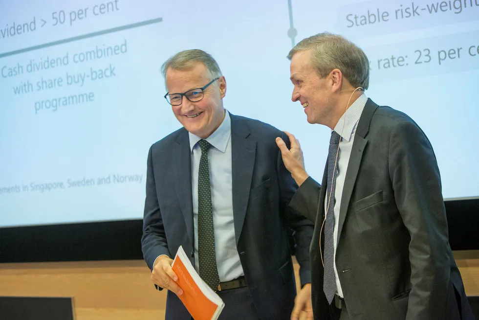 Avtroppende konsernsjef i DNB, Rune Bjerke (til venstre) og tidligere finansdirektør Bjørn Erik Næss, klaget over strenge kapitalkrav. Nå er DNB Nordens mest verdifulle bank.