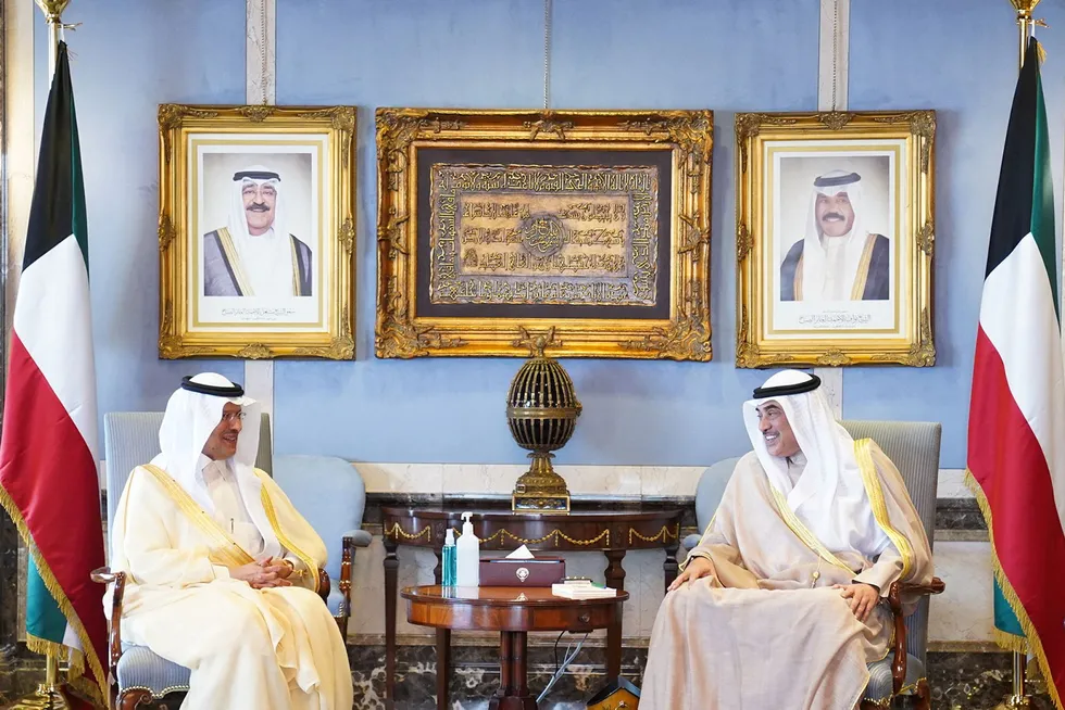 Let’s do it: Kuwait’s Prime Minister Sheikh Sabah al-Khaled al-Sabah (R) received Saudi Arabia’s Energy Minister Prince Abdulaziz bin Salman al-Saud in Kuwait City on Monday