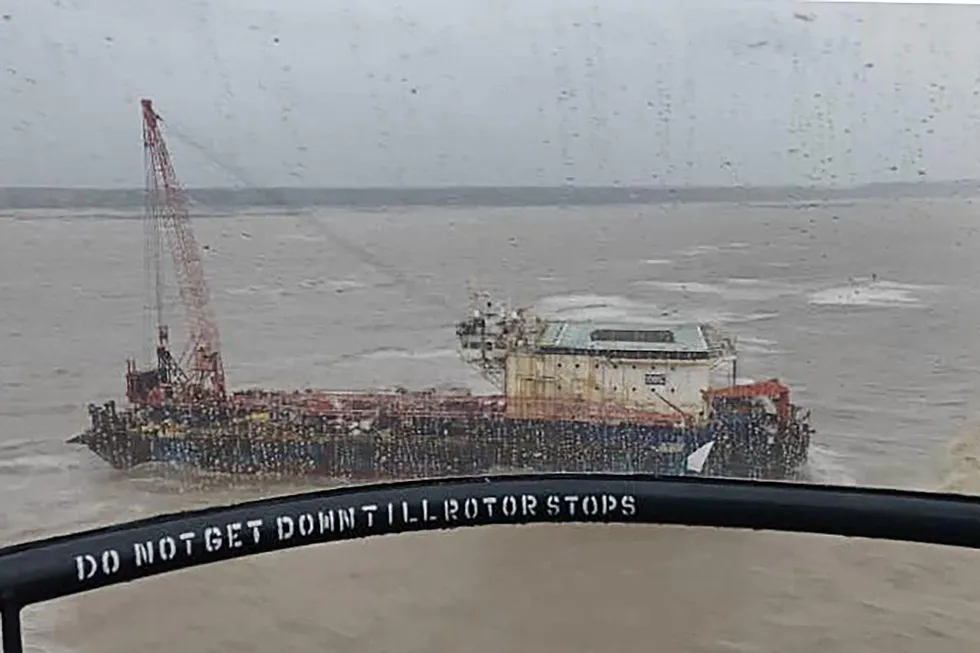 Workers rescued: Afcons' stricken barge Gal Constructor seen from a Chetak helicopter