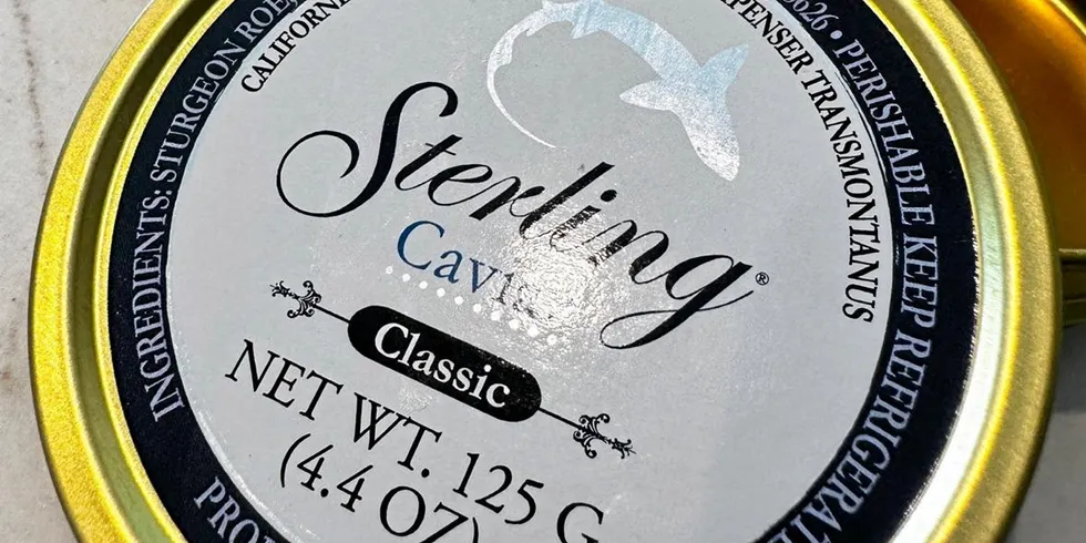 A can of Sterling Caviar produced from farmed sturgeon.