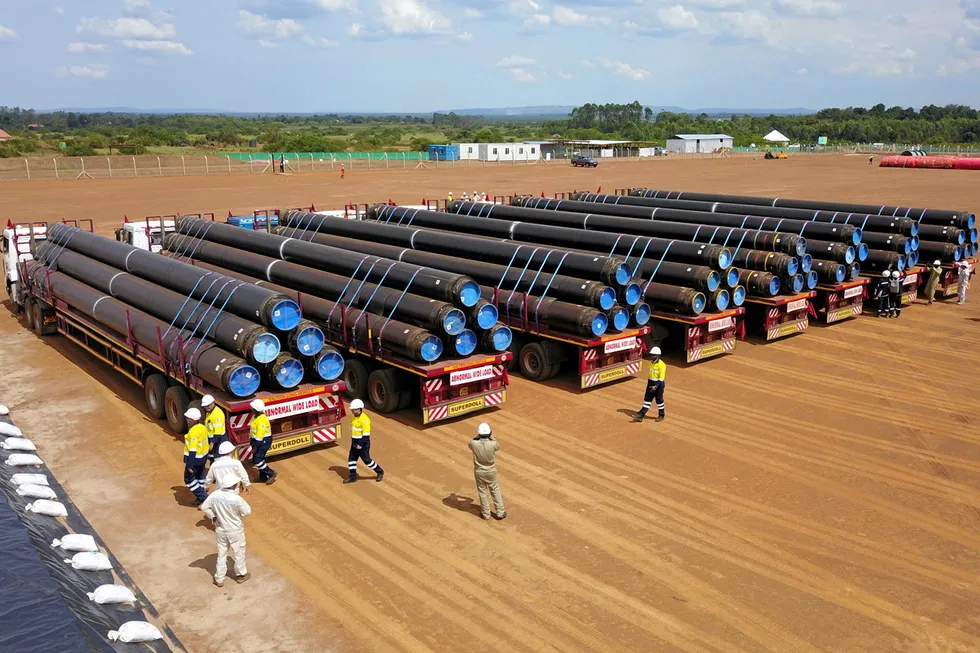 Insulated line pipe for the EACOP pipeline being readied for installation in Uganda.