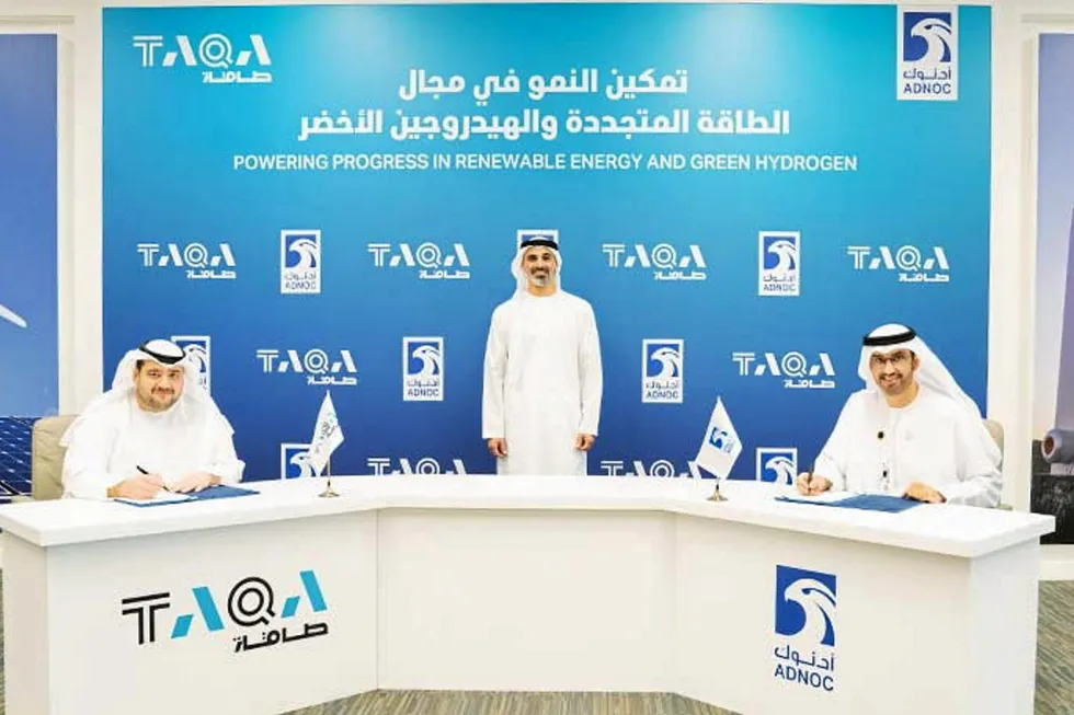 New venture: (L-R) Taqa chairman Mohamed Hassan Alsuwaidi, Abu Dhabi Crown Prince Mohammed bin Zayed and Adnoc chief executive Sultan Ahmed Al Jaber
